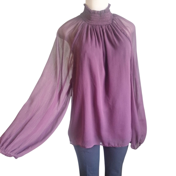 NWT! Joie Sheer Smocked Mock Neck Blouse Burgundy Long Sleeve Boho Top Sz Large - Picture 2 of 9
